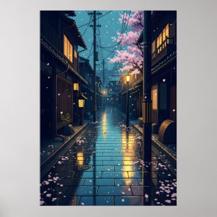 Poster Rue Japonaise sous la Pluie, Cerisiers en Fleurs e
