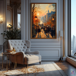 Poster Rue parisienne au coucher du soleil en style impre