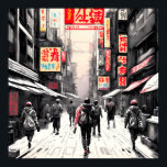 Poster Rue Tokyo<br><div class="desc">Tokyo street - japonais style cyberpunk, aquarelle peinture, rétro, vintage, rustique, texture en mauvais état, couleurs décolorées, ligne art, style de gravure, dynamique, très détaillée, concept art illustration.</div>