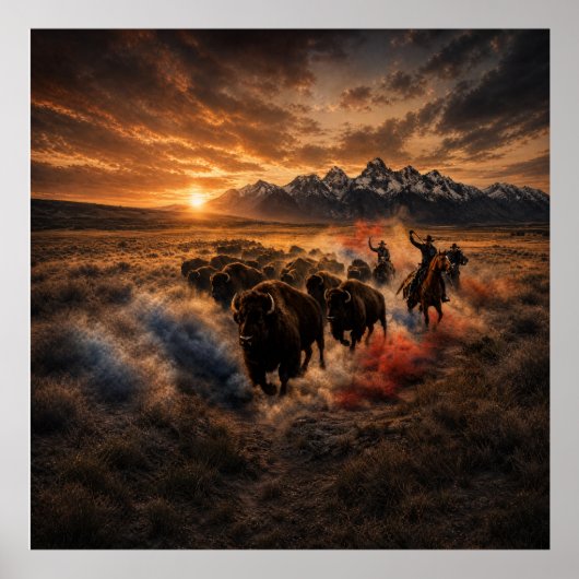 Poster Ruée de buffles de l'Ouest au coucher du soleil (Devant)