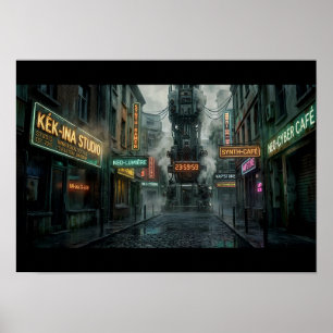 Poster Ruelle Cyberpunk Pluvieuse Néon Tour Steampunk 