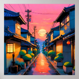 Poster Rues Silencieuses, Lueurs Chaudes dans une Rue Jap
