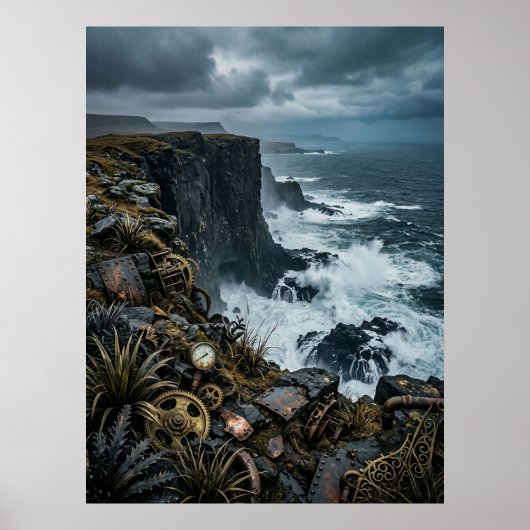 Poster Ruines de la falaise océanique Steampunk (Devant)