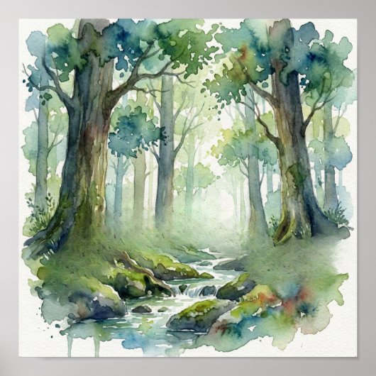 Poster Ruisseau de la Forêt Enchantée : Aquarelle verte é (Devant)