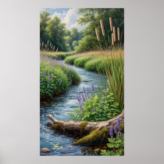 Poster Ruisseau forestier avec lupins violets (Devant)