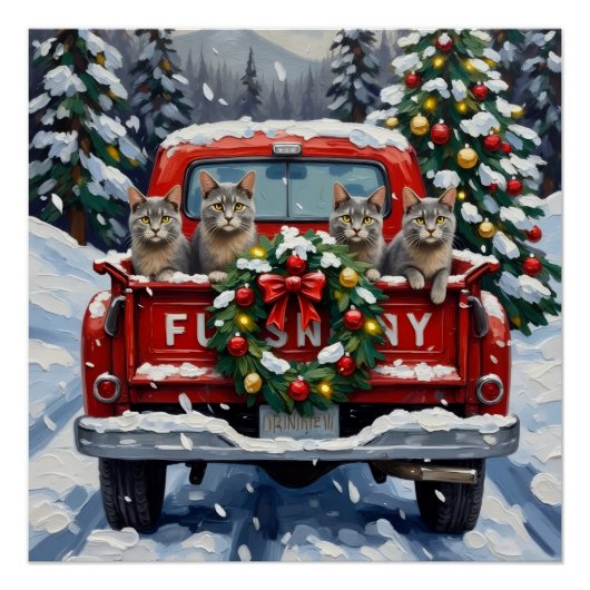 Poster Russian Blue Cat Christmas Red Truck Holiday (Devant)