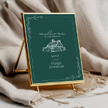 Poster Rustic Barn Emerald Mariage de automne vert Bienve<br><div class="desc">Accueil mariage avec illustration de grange rustique sur arrière - plan émeraude.</div>