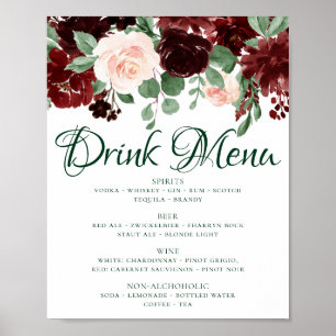 Poster Rustic Blooms Menu des boissons rouge marsala te