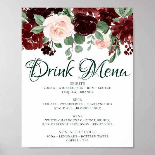 Poster Rustic Blooms | Menu des Boissons Rouge Marsala Te (Devant)
