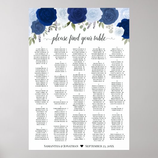 Poster Rustic Blue Roses Wedding Seating Chart A1 Size (Devant)