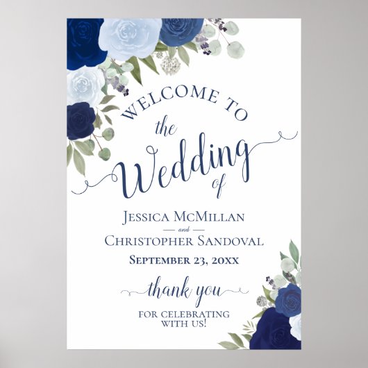Poster Rustic Blue Roses Wedding Welcome A1 Size (Devant)