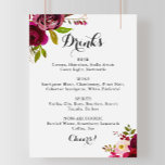 Poster Rustic Blush Bourgogne Mariage Boissons Menu Signe<br><div class="desc">Ce panneau rustique de menu de boissons bordeaux mariage est parfait pour un mariage moderne. Le design est composé de fleurs rose,  rousse,  rouge,  bordeaux et bordeaux à aquarelle avec feuillage vert.</div>