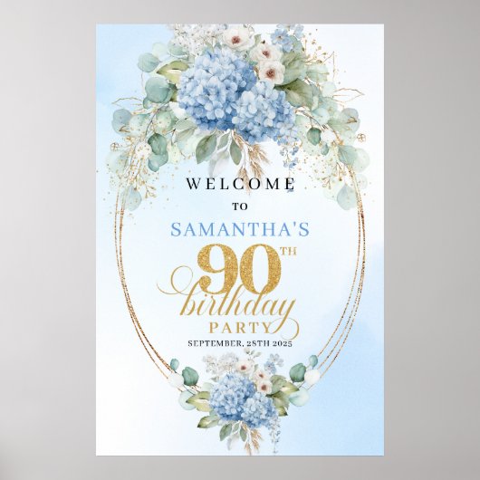 Poster Rustic Boho Blue Hydrangeas 90th birthday welcome (Devant)