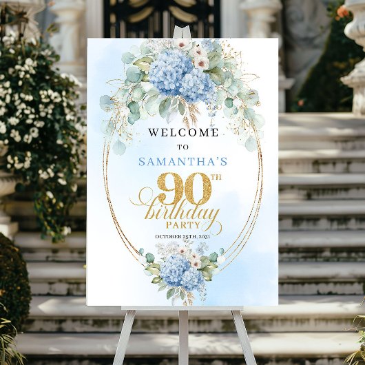 Poster Rustic Boho Blue Hydrangeas 90th birthday welcome