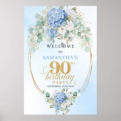 Poster Rustic Boho Hydrangeas Gold 90th Birthday Welcome (Devant)