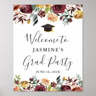 Poster Rustic Burgundy Floral Graduation Welcome Sign