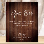 Poster Rustic Country Open Bar Mariage personnalisé<br><div class="desc">Open Bar ! Calligraphie simple mais élégante, cette enseigne de bar mariage dispose d'Open bar dans l'élégante calligraphie, et les boissons Tonights sont gratuites, les histoires de demain sont inestimables. Customisez ce panneau de mariage élégant avec vos noms et votre date! DROIT D'AUTEUR © 2020 Judy Burrows, Black Dog Art...</div>