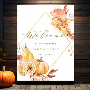 Poster Rustic Fall Gold Floral Citrouille Mariage Bienven