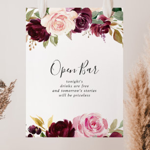 Poster Rustic Floral Botanical Wedding Open Bar Sign
