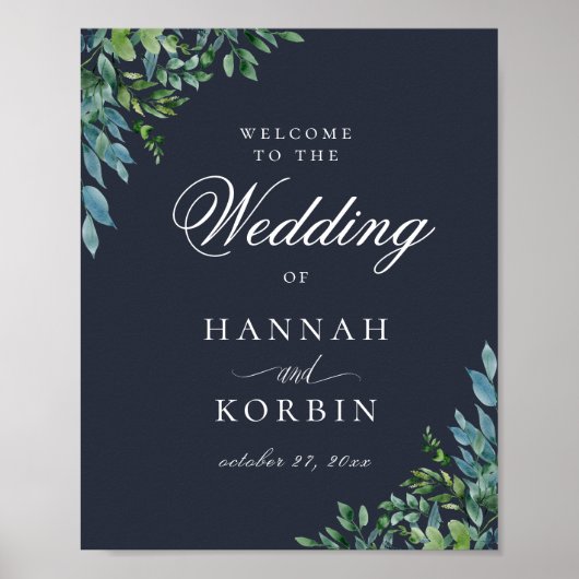 Poster Rustic Forest Foliing Marine Blue Mariage Bienvenu (Devant)