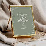 Poster Rustic Grange Sage Green Mariage de automne Bienve<br><div class="desc">Accueil mariage avec illustration de grange rustique sur Sage Green arrière - plan.</div>