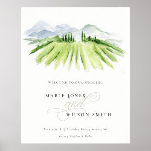 Poster Rustic Green Blue Winery Vineyard Mariage Bienvenu