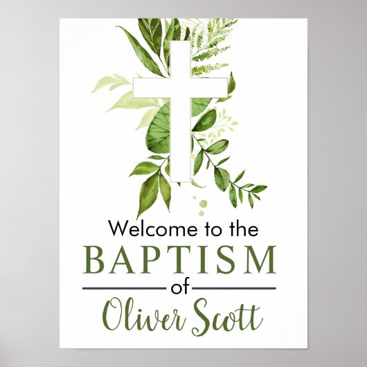 Poster Rustic Greenery Cross Boy Baptism Bienvenue (Devant)