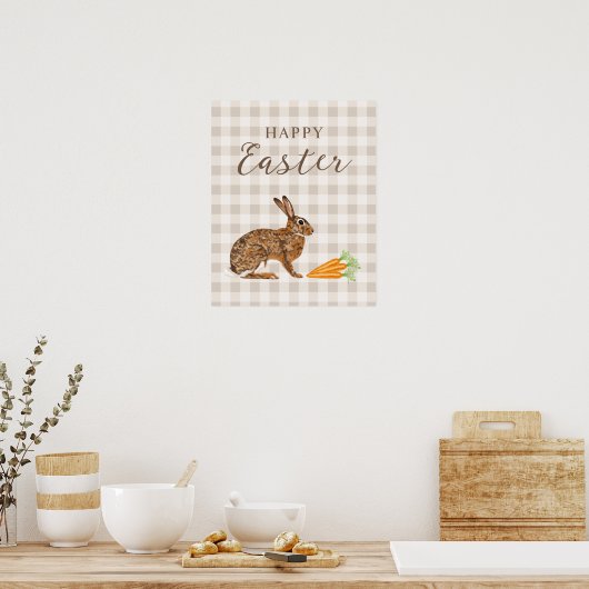 Poster Rustic Hare And Carrots Happy Easter Beige Gingham (Cuisine)