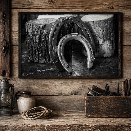Poster Rustic Horseshoes on Wooden Logs Black and White