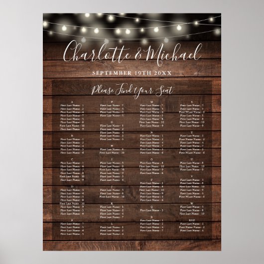 Poster Rustic Lights Alphabetical Wedding Seating Chart (Devant)