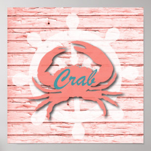 Poster Rustic Nautical Crab On Peeling Wood   Print