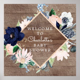 Poster Rustic Navy Blue Blush Floral Baby shower Bienvenu