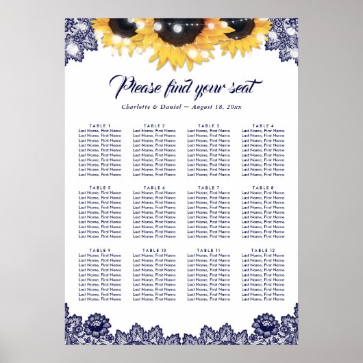Poster Rustic Navy Blue Lace Sunflower Seating Chart 12 (Devant)