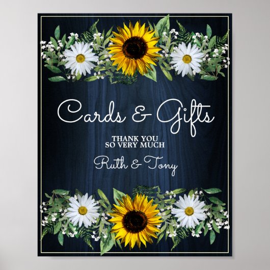 Poster Rustic Navy Blue Sunflower Cartes de mariage et ca (Devant)