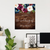 Poster Rustic Navy & Burgundy Floral Welcome Mariage (Bureau à domicile)