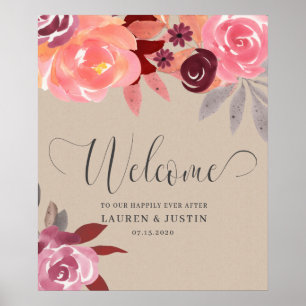 Poster Rustic Peonies Elegant Script Mariage Bienvenue