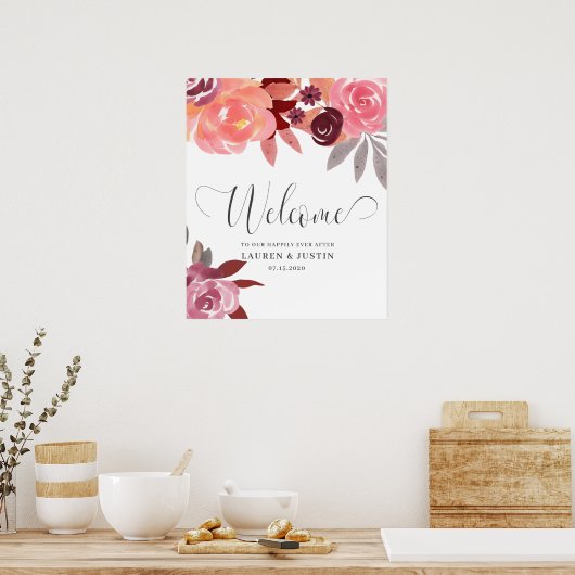 Poster Rustic Peonies Elegant Script Mariage Bienvenue (Cuisine)