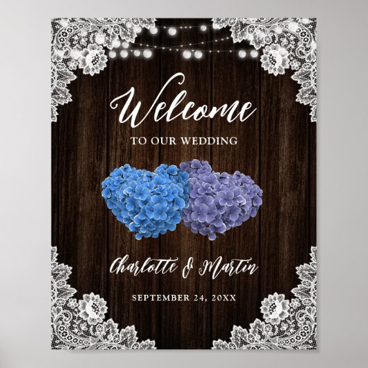 Poster Rustic Purple Blue Wood Wedding Welcome Sign (Devant)