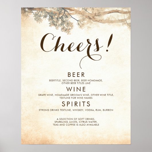 Poster Rustic Tree Branches Mariage Boissons Bar (Devant)