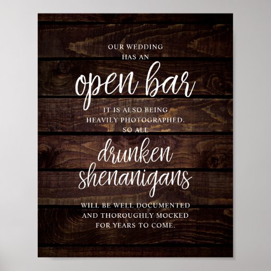 Poster Rustic Wedding Open Bar, Drunken Shenanigans (Devant)