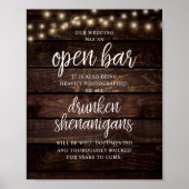 Poster Rustic Wedding Open Bar, Drunken Shenanigans (Devant)