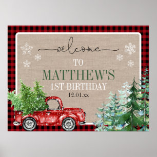 Poster Rustic Winter Forest Red Truck Birthday Welcome