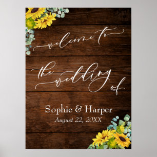 Poster Rustic Wood and Sunflower Floral Wedding Sign