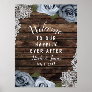 Poster Rustic Wood Dusty Blue Roses Photo Wedding Welcome