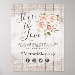 Poster Rustic Wood Romantic Mariage Rose Hashtag Photo