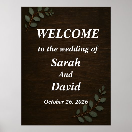 Poster Rustic Wood Wedding Welcome Sign with Eucalyptus L (Devant)