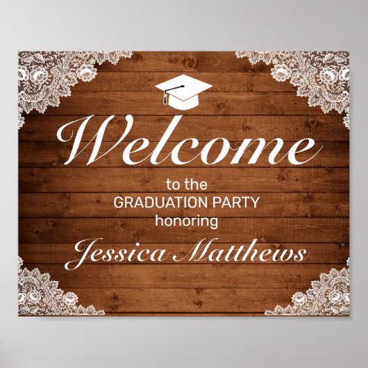 Poster Rustic Wood & White Lace Graduation Welcome Party (Devant)