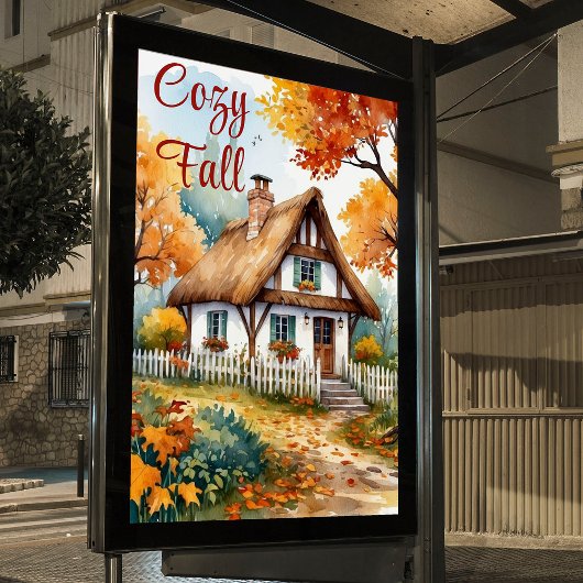 Poster Rustique Automne Aquarelle Cottage Arbres Jardin