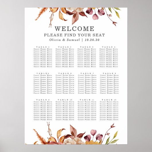 Poster Rustique Automne Mariage Réception Carte de siège (Devant)