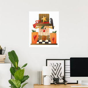 Poster Rustique automne Scarecrow avec Citrouilles et Cor